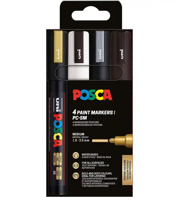 Posca Markers - PC-5M - 4 st. - Zwart/Wit/Zilver/Goud Actieprijs