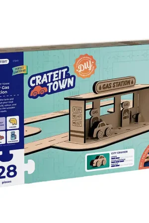 Crateit Creatieve Speelset - Crateit Stad - Hout - Benzinestatio Hoge Kwaliteit