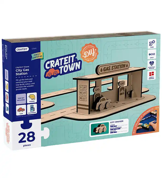 Crateit Creatieve Speelset - Crateit Stad - Hout - Benzinestatio Hoge Kwaliteit