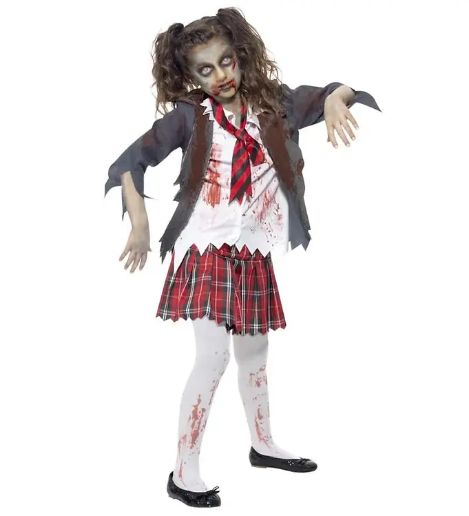 Smiffys Kostuum - Zombieschoolmeisje - grijs/Wit/Rood Superprijs