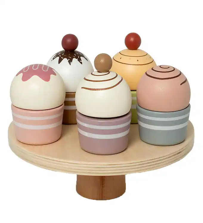 Actieprijs MaMaMeMo Speelgoedeten - Cupcakes Op een taartbord - Hout