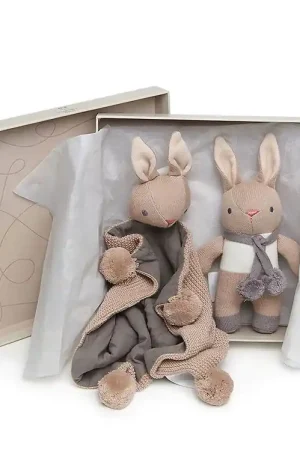 Premium ThreadBear Cadeauset - Bruin Konijnenrammelaar en Knuffeldoekjes