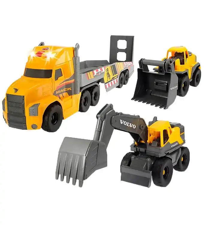 Dickie Toys Vrachtwagen m. Werkwagens - Mack/Volvo Zware Lader T Speciale Aanbieding