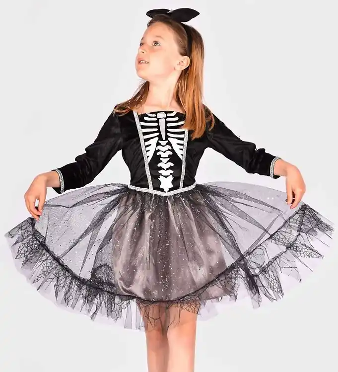 Gratis Retour Den Goda Fen Verkleedkleren - Skeletjurk en Haarband - Zwart