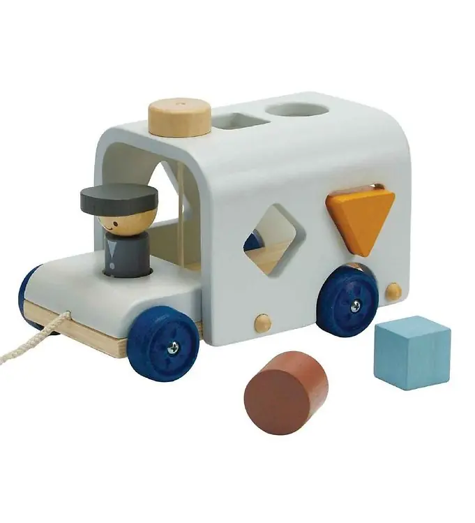 Korting PlanToys Trekspeelgoed - Bus m. Vormensorteerbox - Hout/Lichtbla