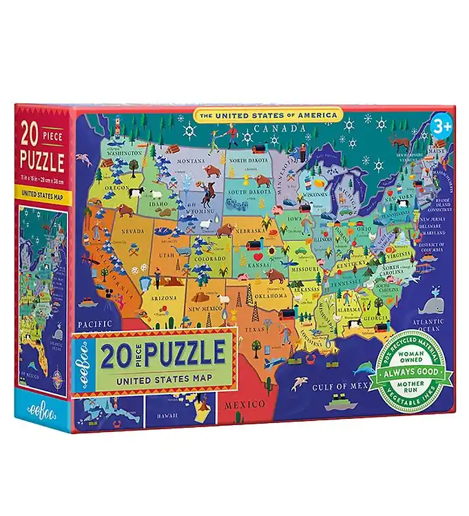 Eeboo Puzzel - 20 Bakstenen - Staten in de Verenigde Staten Gratis Retour