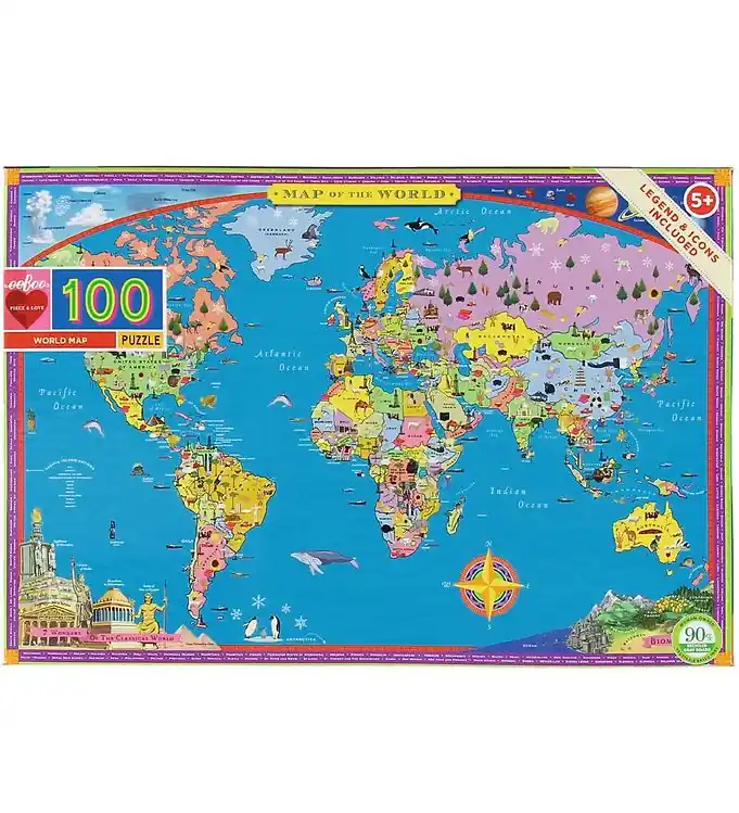 Korting Eeboo Puzzel - 100 Bakstenen - Wereldkaart
