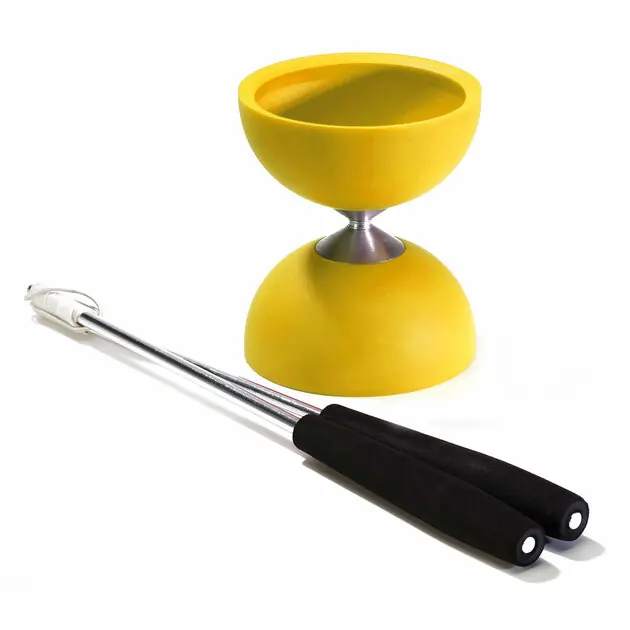 Rubber Diabolo met Aluminium Stokken - Geel Bestel Nu