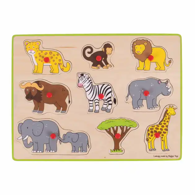 Bigjigs Houten Noppenpuzzel Safari, 9dlg. Op = Op