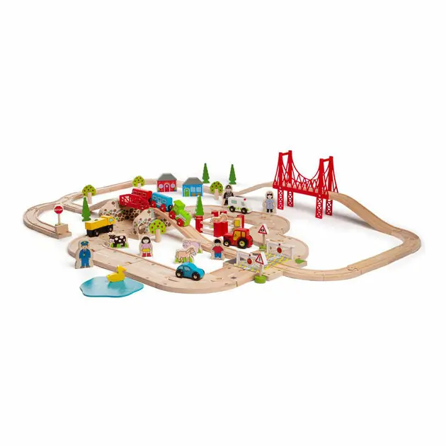 Betaalbaar Bigjigs Houten Weg en Treinset Platteland, 80dlg.
