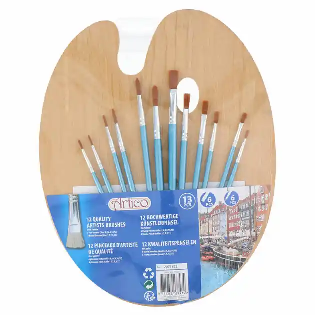 Verf Penselen met Houten Schilderspalet, 13dlg. Uitverkoop