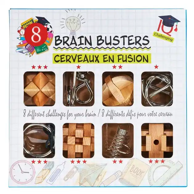 Flitsaanbieding Breinpuzzelset Hout en Metaal, 8st.