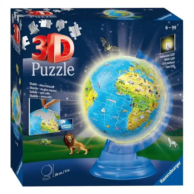 Ravensburger XXL Kinder Globe Night Edition Engelstalig 3D Puzzel, 180st. Laatste Versie