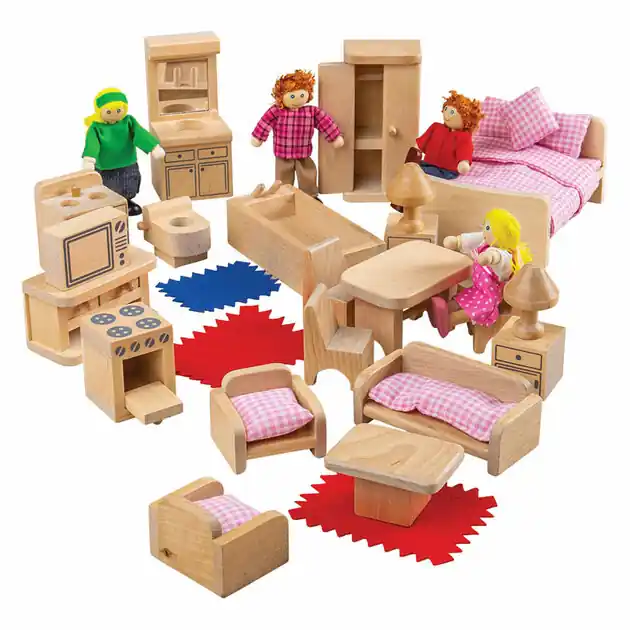 Gecertificeerd Bigjigs Houten Poppenfamilie met Meubels, 26dlg.
