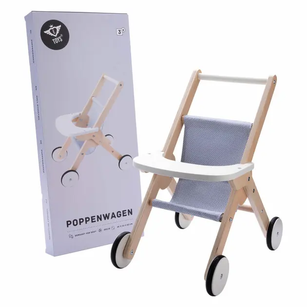 Finale Uitverkoop Houten Poppenwandelwagen Grijs/ blauw