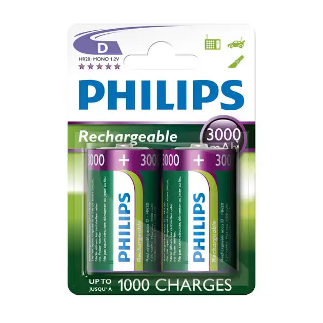 Actieprijs Oplaadbare Batterijen Philips Rechargeable NimH D/HR20 3000mah, 2st.