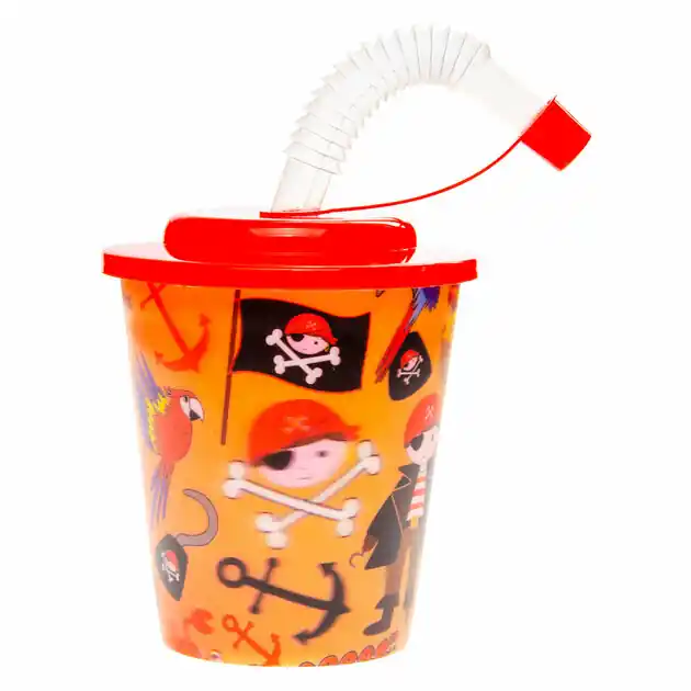 Nieuw Beker met Deksel en Rietje Piraat, 12st.