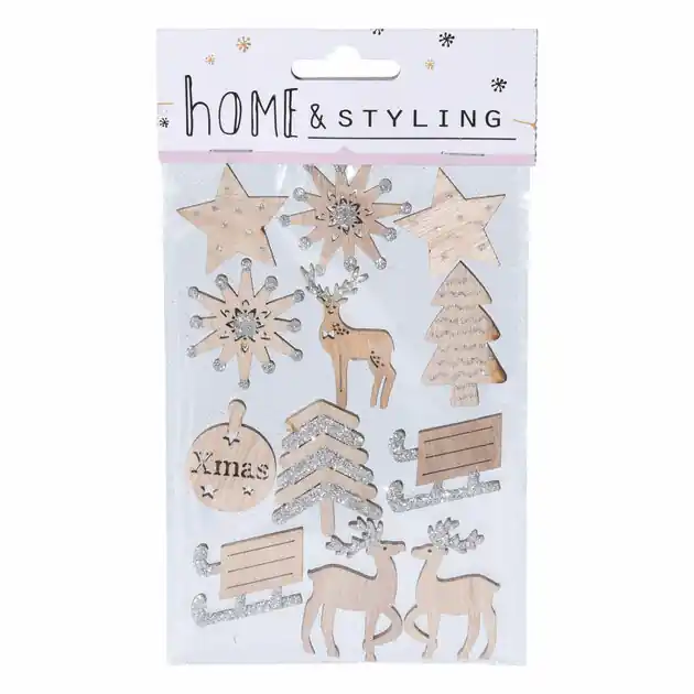 Must-Have Houten Kerst Stickers met Glitters, 12st.