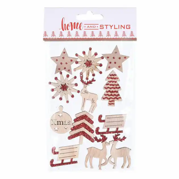 Houten Kerststickers met Glitters, 12st. Lage Kosten