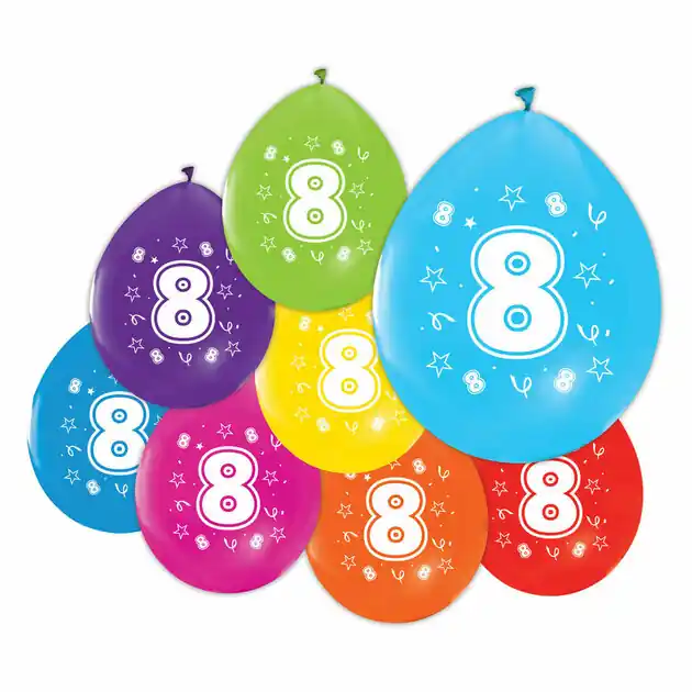 Ballonnen 2-zijdig Geprint Cijfer 8, 8st. Snelle Levering