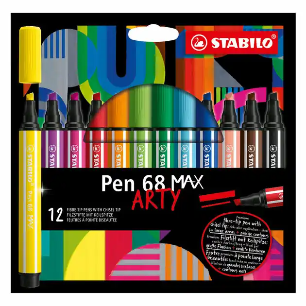 STABILO Pen 68 MAX ARTY - Viltstift Met Dikke Beitelpunt - Set 12 Stuks Hete Deal
