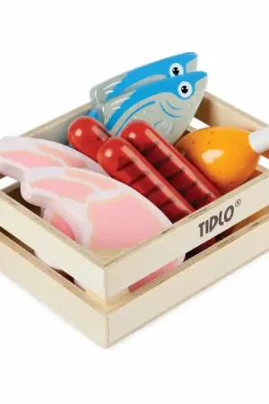 Tidlo Houten Speeleten Vlees en Vis in Kist, 8dlg. Tijdelijk Beschikbaar