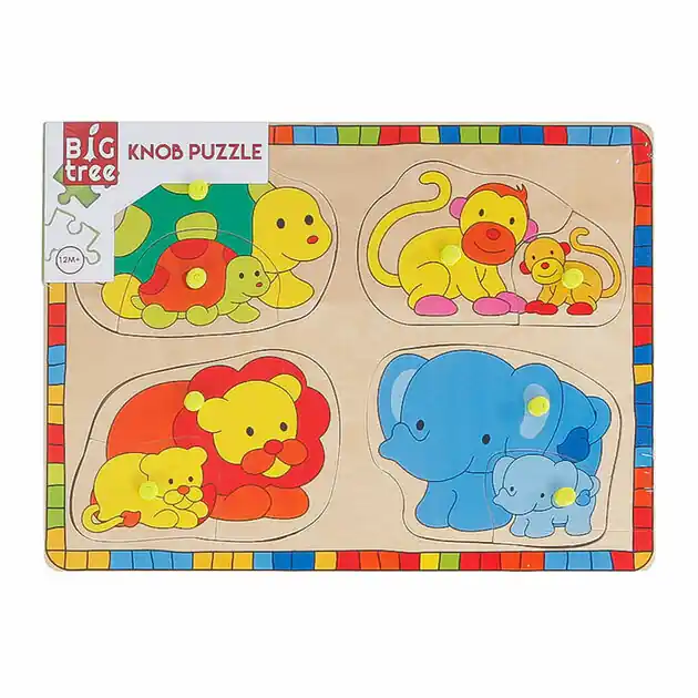 Houten Noppenpuzzel Wilde Dieren met Jongen, 8st. Express Levering