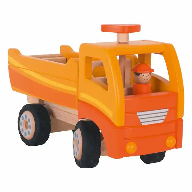 Uitverkoop Goki Houten Kiepwagen Oranje met Draaibare Wielen