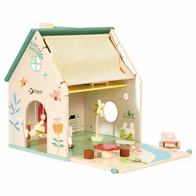 Finale Uitverkoop Classic World Houten Poppenhuisje met Tuintje, 10dlg.
