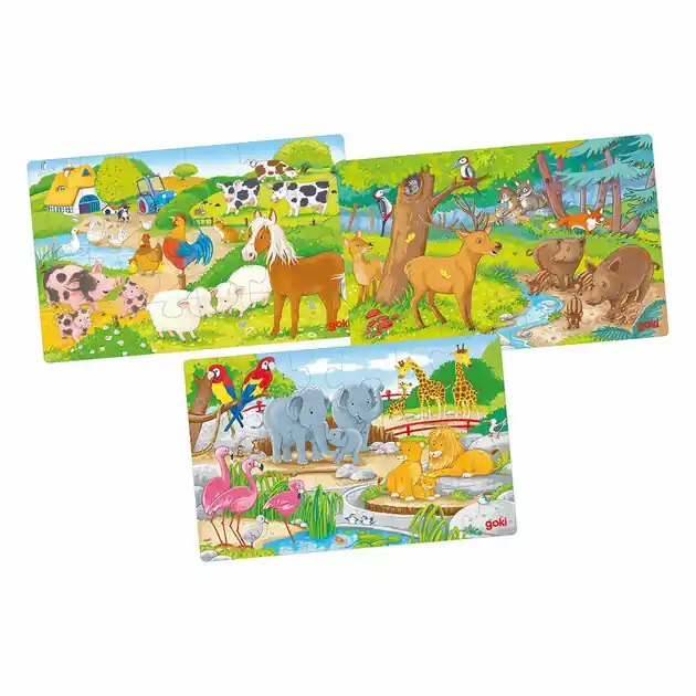 Goki Houten Legpuzzel Dieren, Set van 3 Express Levering