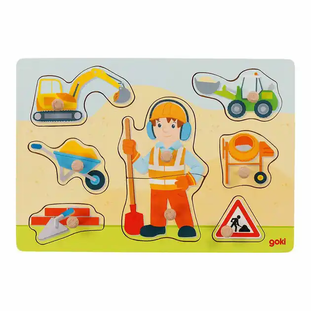 Goki Houten Noppenpuzzel Bouwvakker, 8st. Op = Op
