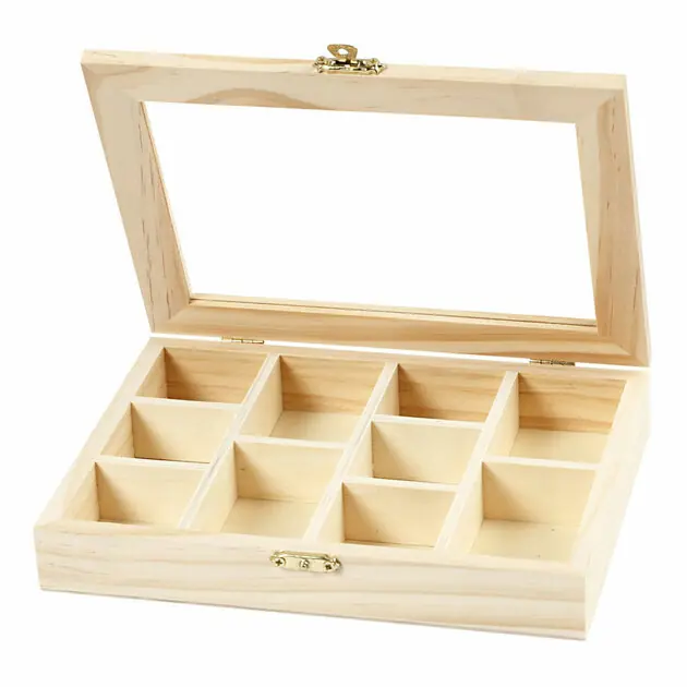Houten Doos met Glazen Deksel en 10 vakken Speciale Aanbieding