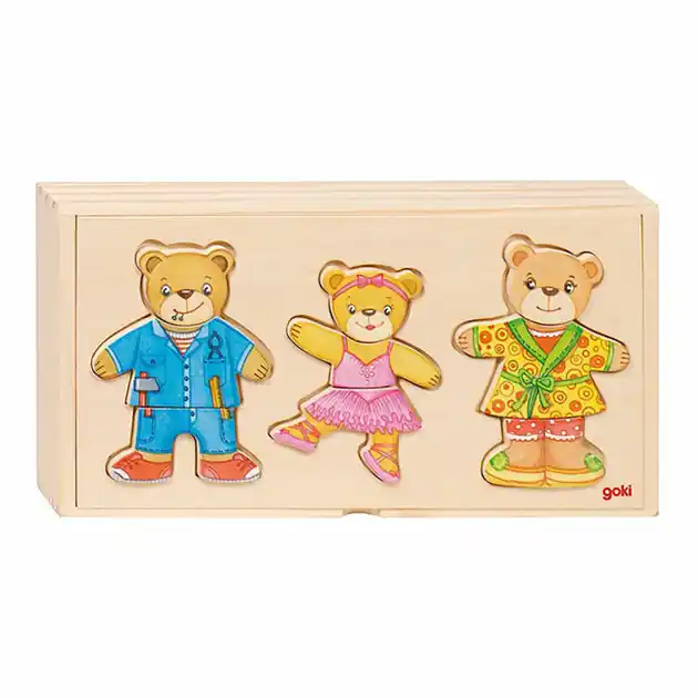 Express Levering Goki Houten Aankleedpuzzel Beren in Houten Box, 36st.