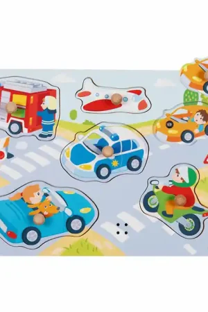 Beperkte Voorraad Goki Houten Noppenpuzzel Voertuigen met Geluid, 6st.