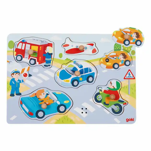 Beperkte Voorraad Goki Houten Noppenpuzzel Voertuigen met Geluid, 6st.