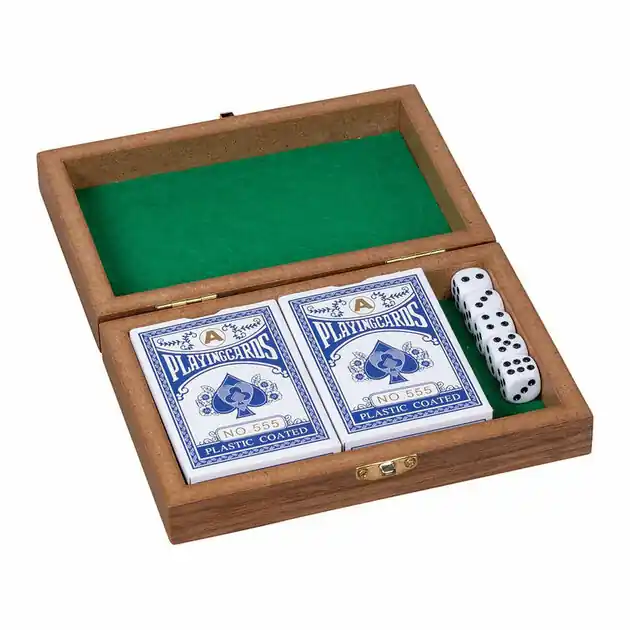 Goki Houten Speelkaartenbox met 5 Dobbelstenen en 2 Sets kaarten Betaalbaar