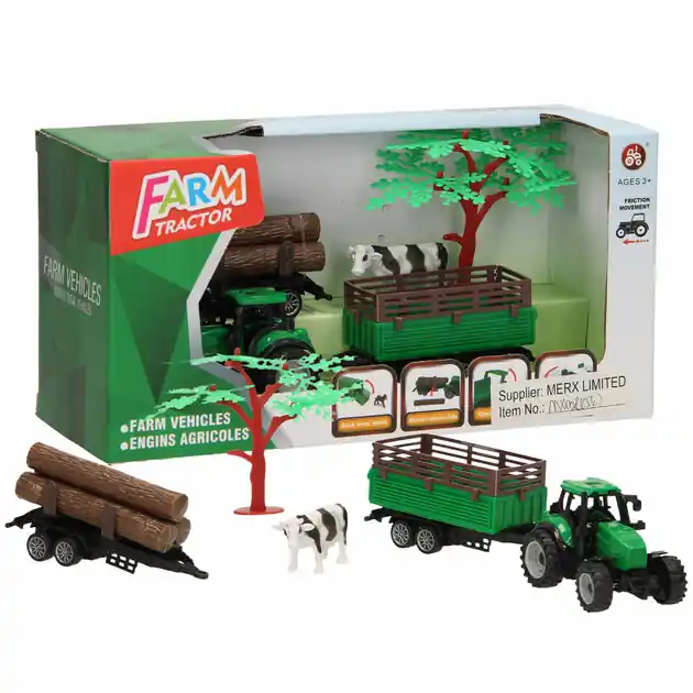Tractor met Aanhangwagen, Boomstammen en Koe Korting