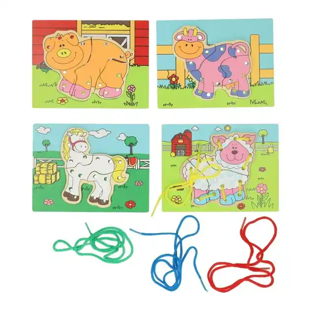 Betaalbaar Houten Rijgpuzzel Boerderij, Set van 4