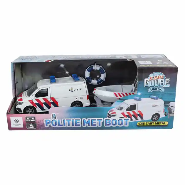 Speciale Aanbieding Kids Globe VW Transporter Politie met Boot Die-Cast