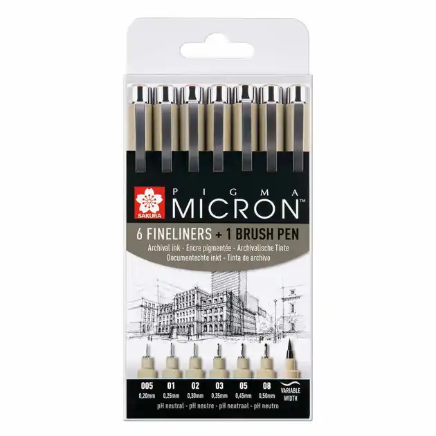 Sakura Pigma Micron Set 6 Fineliners En1 Pigma Penseel Aanbieding