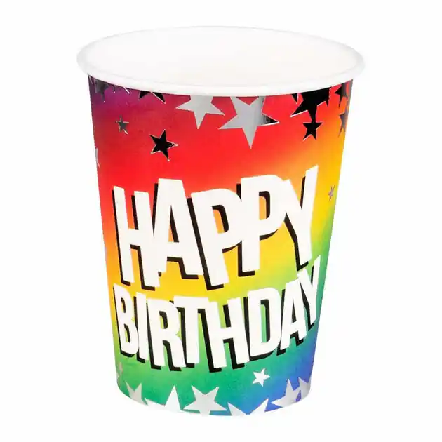 Papieren Bekers Happy Birthday 210ml, 10st. Betrouwbaar