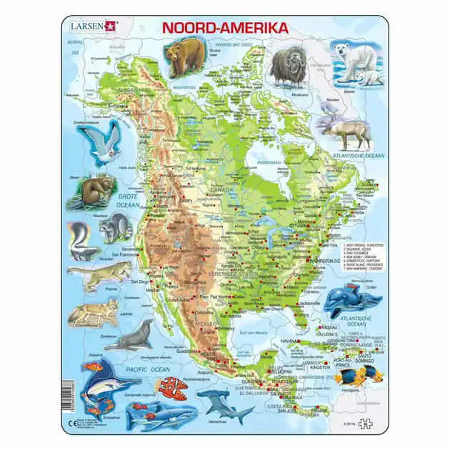 Veilige Betaling Larsen Legpuzzel Kaart Noord Amerika Geografisch met Dieren, 66st.