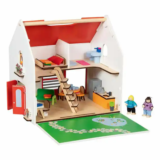 Koop Vandaag Goki Houten Draagbaar Poppenhuis met Accessoires