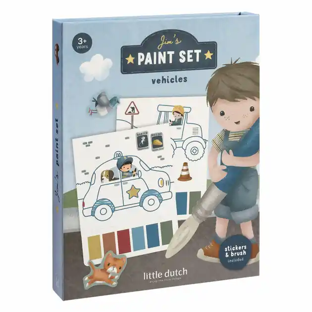 Little Dutch Waterverfset Jim Voetuigen - incl. Kwast en Stickers Premium