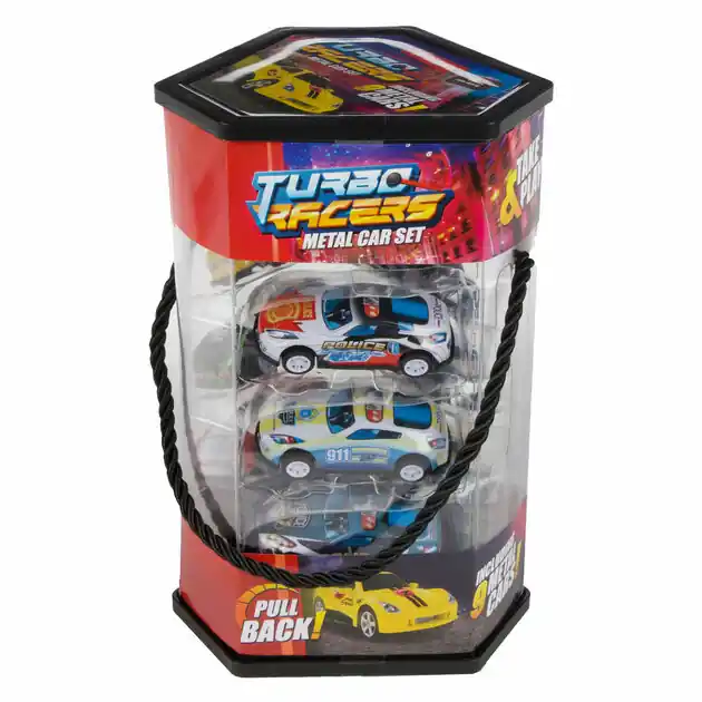 Op = Op Turbo Racers Metalen Pull Back Auto's - 9st.
