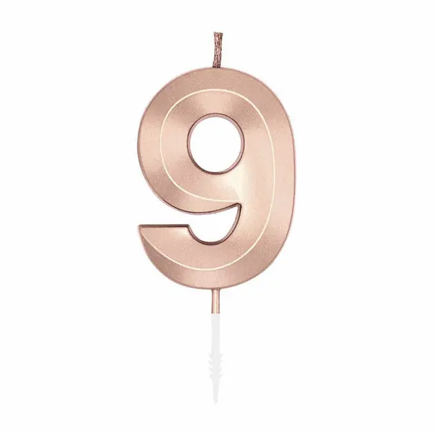 Taartkaars 6cm Metallic Rose Goud no. 9 Exclusieve Aanbieding