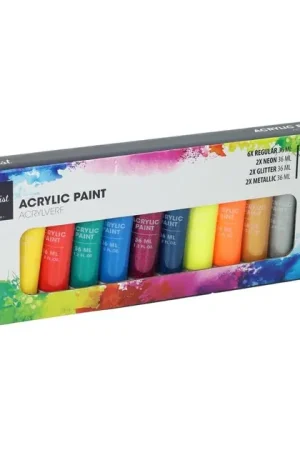 Superprijs Acrylverfset 12 Neon, Glitter, Metallic en Standaardkleuren - 36ml