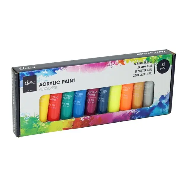 Superprijs Acrylverfset 12 Neon, Glitter, Metallic en Standaardkleuren - 36ml