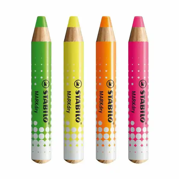 STABILO MARKdry NEON Set van 4 Whiteboard Potloden, Puntenslijper en Reinigingsdoekje Lage Kosten
