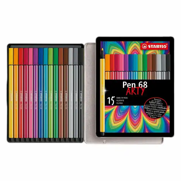 STABILO Pen 68 ARTY Viltstiften in Metalen Etui - 15dlg. Direct Verzonden